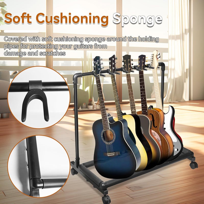 Azor 5 Multi Guitar Stand Rack with Wheels, Folding Design 5 Holder Multiple Guitar Rack for Acoustic Electric Guitar, Bass, Soft Cushioning Sponge Protects Your Instruments - Image 4